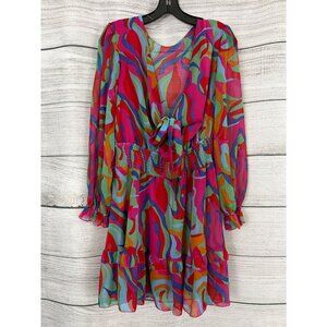 Multicolor Abstract Print Chiffon Dress With Ruffled Hem & Long Sleeves Size L